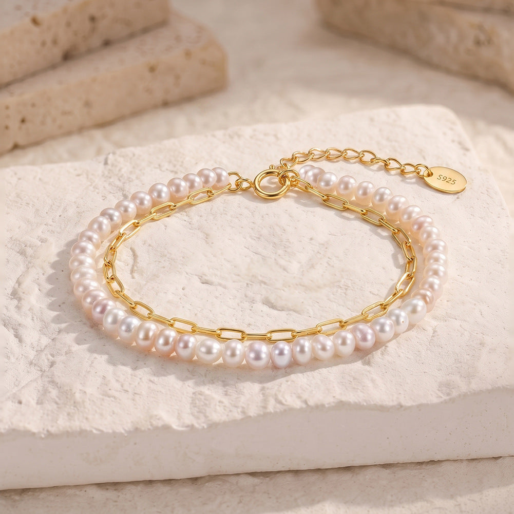 S925 Sterling Silver Double Layer Bracelet, Dainty Pastel Rice Freshwater Pearl Strand Paired with Paperclip Chain, Adjustable Extension Chain