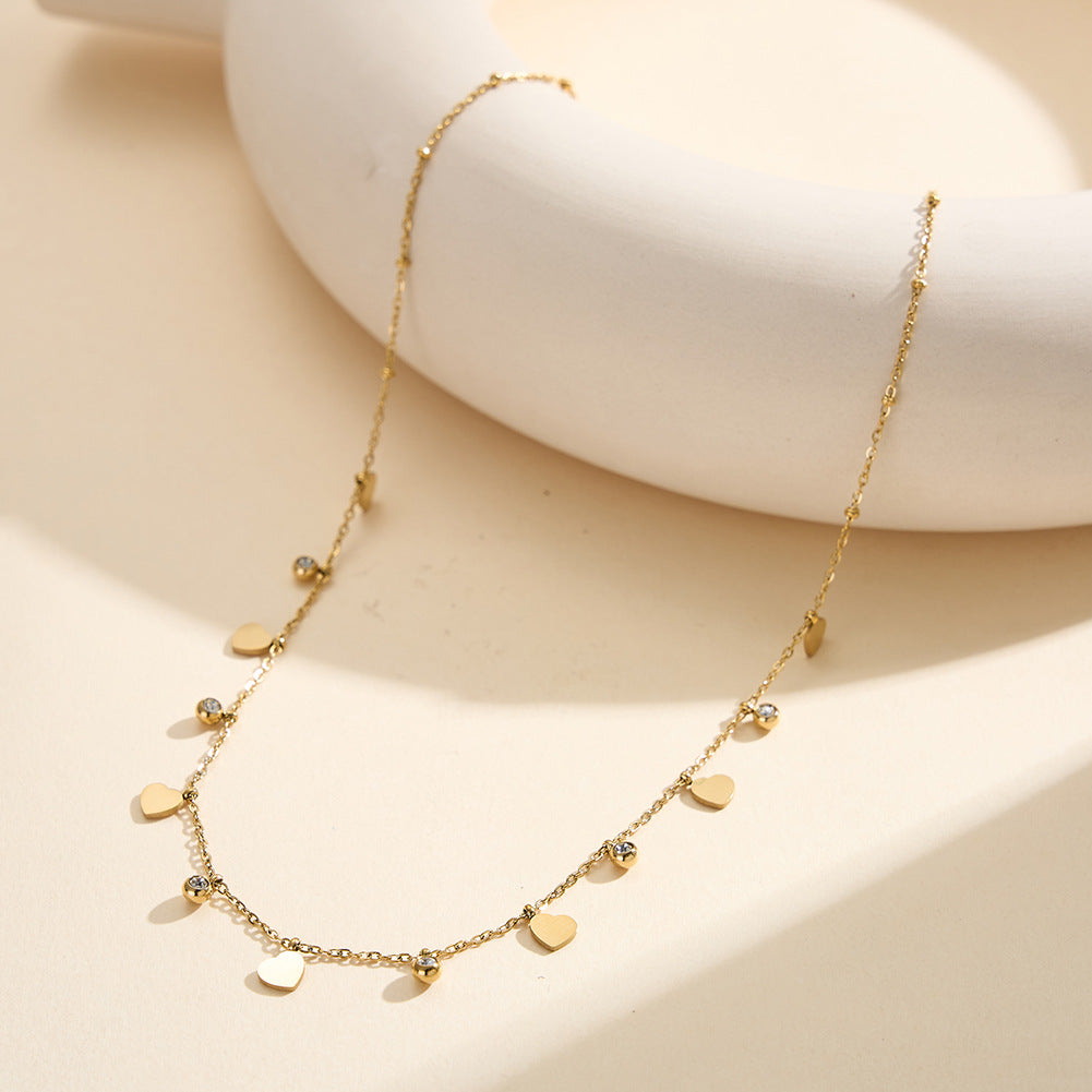 Gold Stainless Steel Heart Station Necklace, Dainty Solid Heart Charms with Tiny Bezel CZ Drops, Delicate Rolo Chain