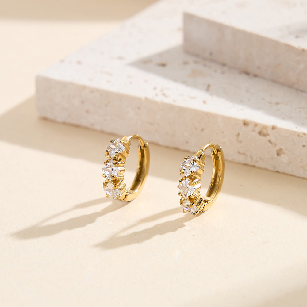 Gold Plated Stainless Steel Triple Square CZ Paved Huggie Hoop Earrings