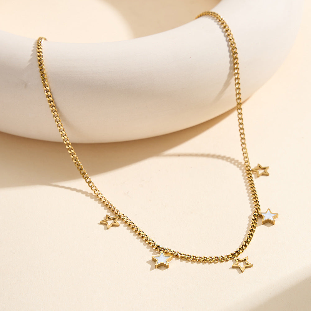 Gold Stainless Steel Cuban Star Choker, Hollow Outline Star & White Mother of Pearl Inlaid Star Dangling Charms