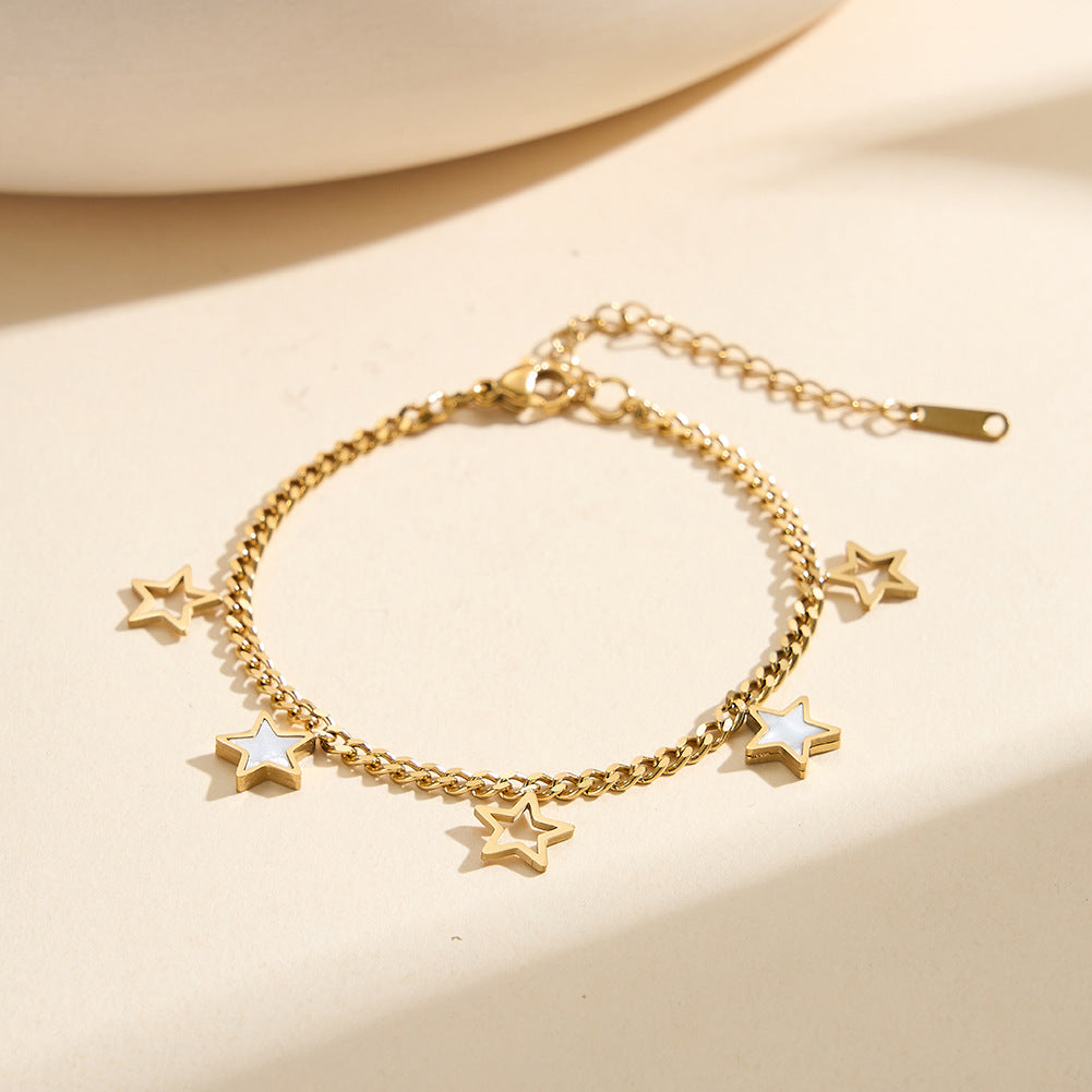 Gold Plated Stainless Steel Curb Chain Star Bracelet, Hollow Star Outlines & White Mother of Pearl Inlaid Star Pendants
