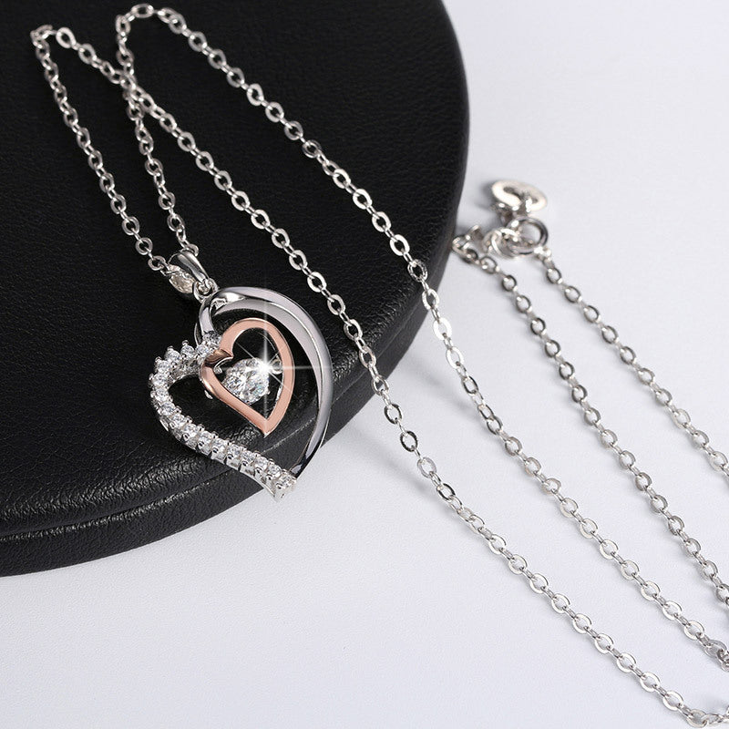 Two Tone Stainless Steel Interlocking Double Heart Pendant Necklace, Rose Gold Inner Heart With Center Round CZ & Pave CZ Accents Rolo Chain