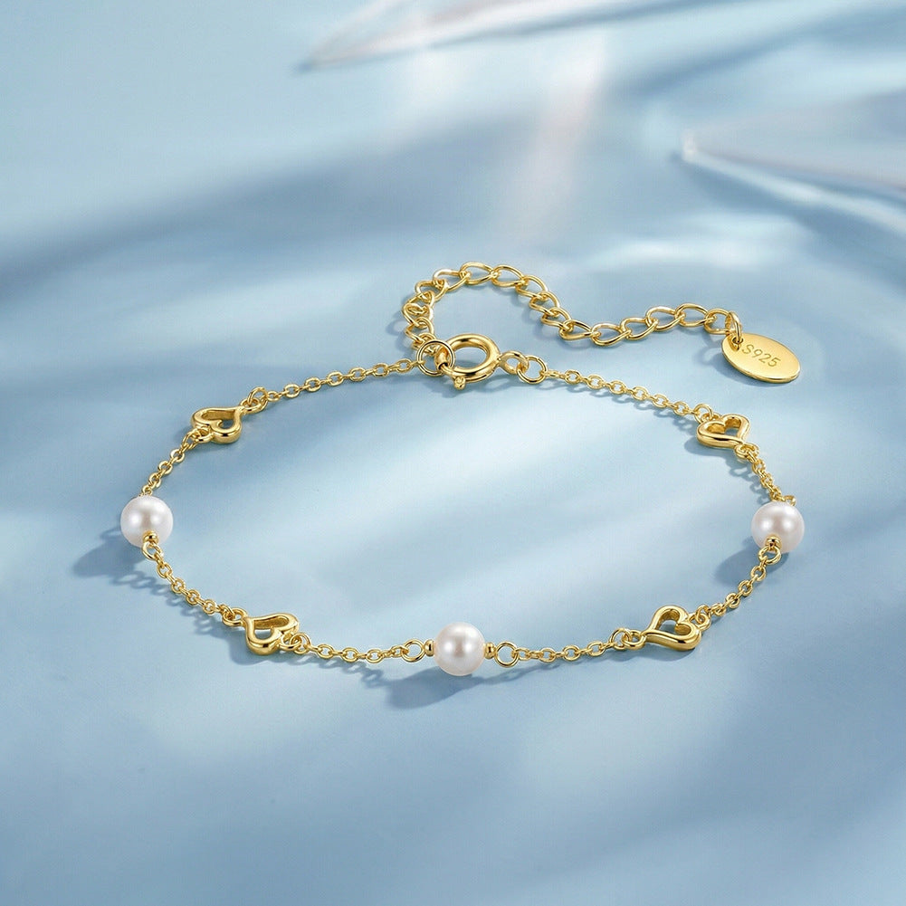 S925 Sterling Silver Thin Chain Bracelet, Round Lustrous Freshwater Pearls & Hollow Open Heart Charms, Adjustable Extension Chain
