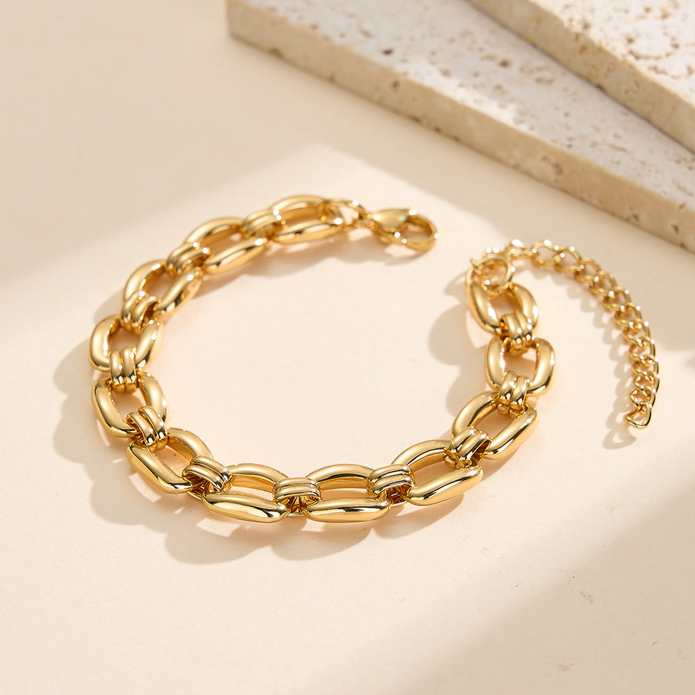 Gold Plated Stainless Steel Large Oval Link Bracelet, Thick Interlocked Elongated Chain Links, Adjustable