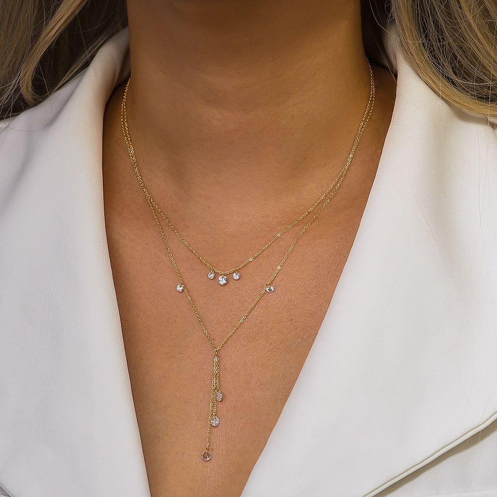 Stainless Steel Double Layer  Drop Necklace, Silver Plated Multi Round Crystal Tassel Necklace, Dainty Stackable Y Shaped Necklace for Women