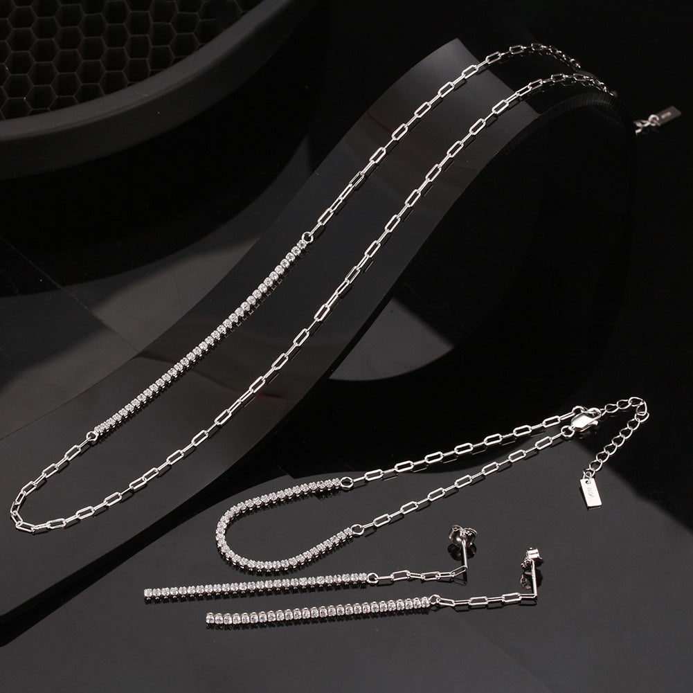 Gold Stainless Steel Paperclip Chain Choker Necklace, Partial Pave Clear CZ Inlaid Adjustable Paperclip Link Chain