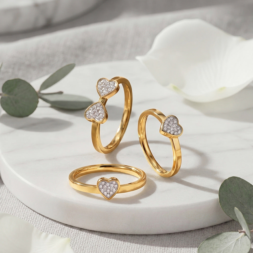 Gold Plated Stainless Steel 4 Heart Clover Convertible Stacking Ring Set, Pave CZ
