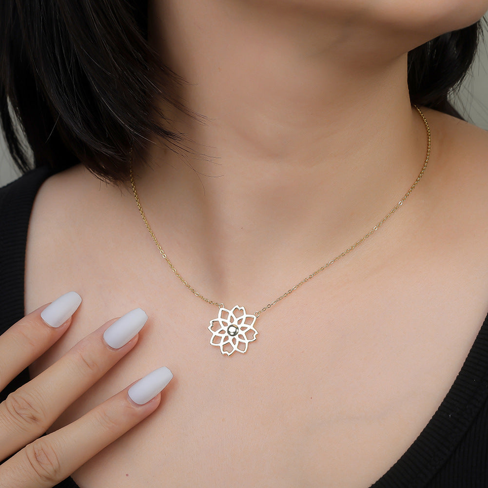 Stainless Steel Hollow Mandala Flower Necklace, Gold Plated Openwork Floral Pendant Necklace, Delicate Cutout Bloom Choker for Women