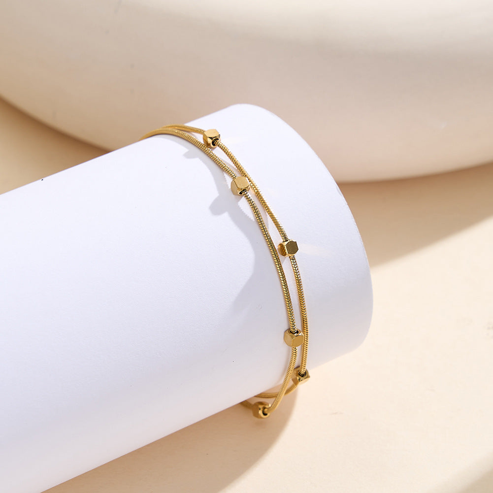 Gold Plated Stainless Steel Double Layer Snake Chain Bracelet, Hexagon Cube Bead Accents, Adjustable Extension Chain