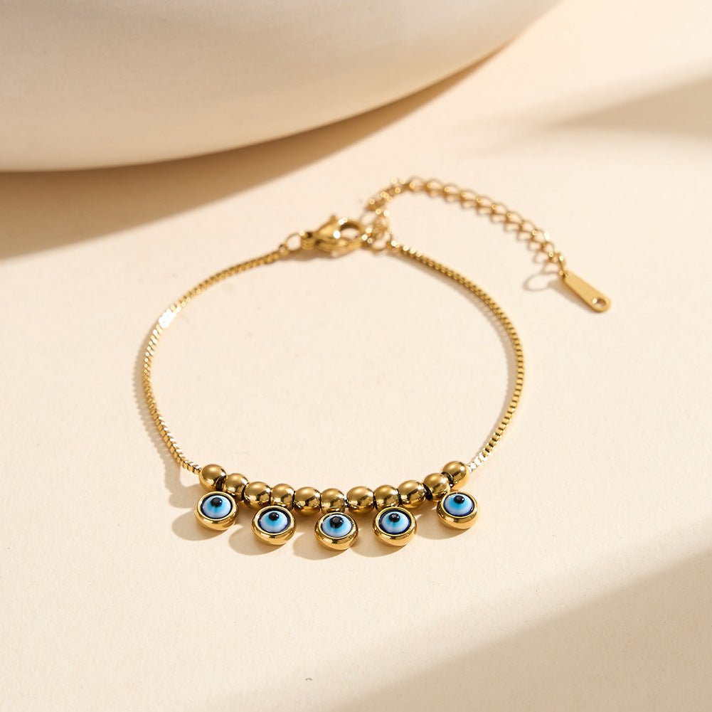 Gold Plated Stainless Steel Box Chain Bracelet, Evil Eye Charms Dangling with Gold Beads, Adjustable Size