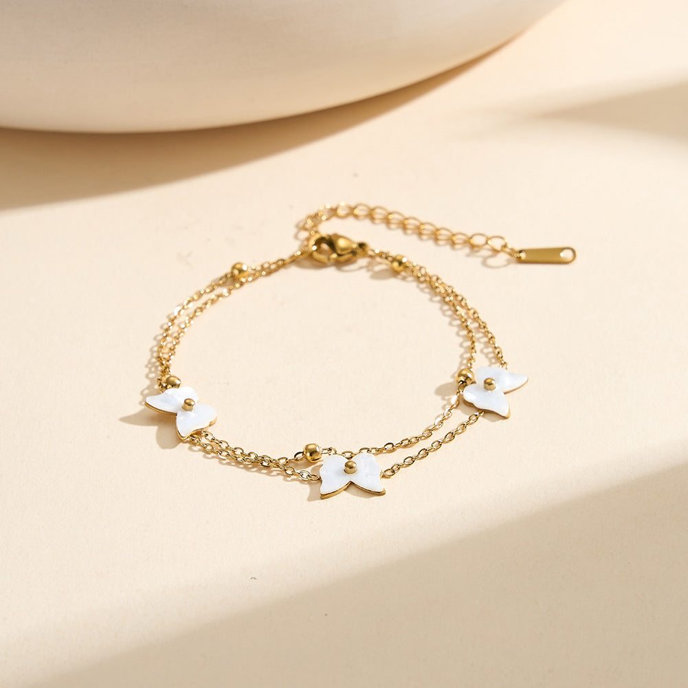 Silver Stainless Steel Double Layer Cable Chain Bracelet, 3 Matte White Butterfly Charms & Round Spacer Beads, Stackable