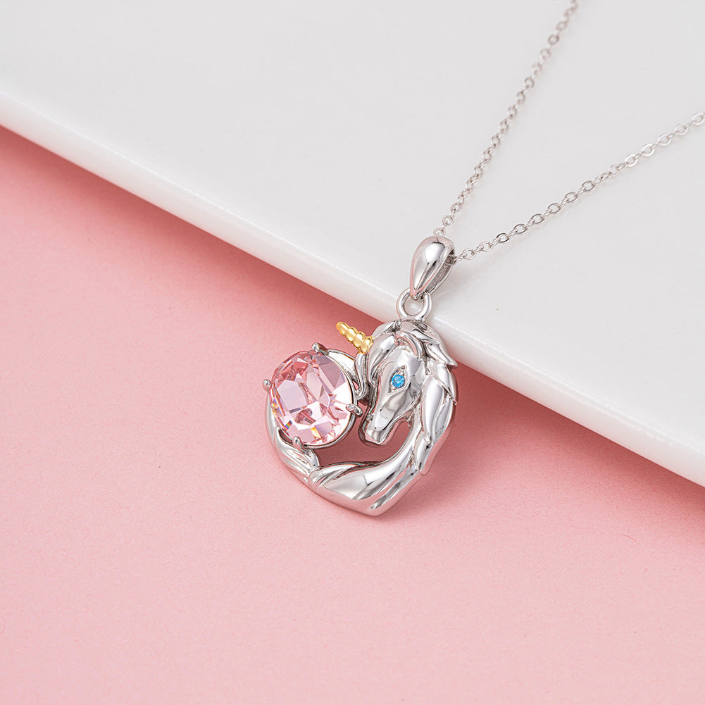 Silver Stainless Steel Unicorn Heart Pendant Necklace, Large Oval Pink CZ & Tiny Blue Accent Stone Unicorn Charm