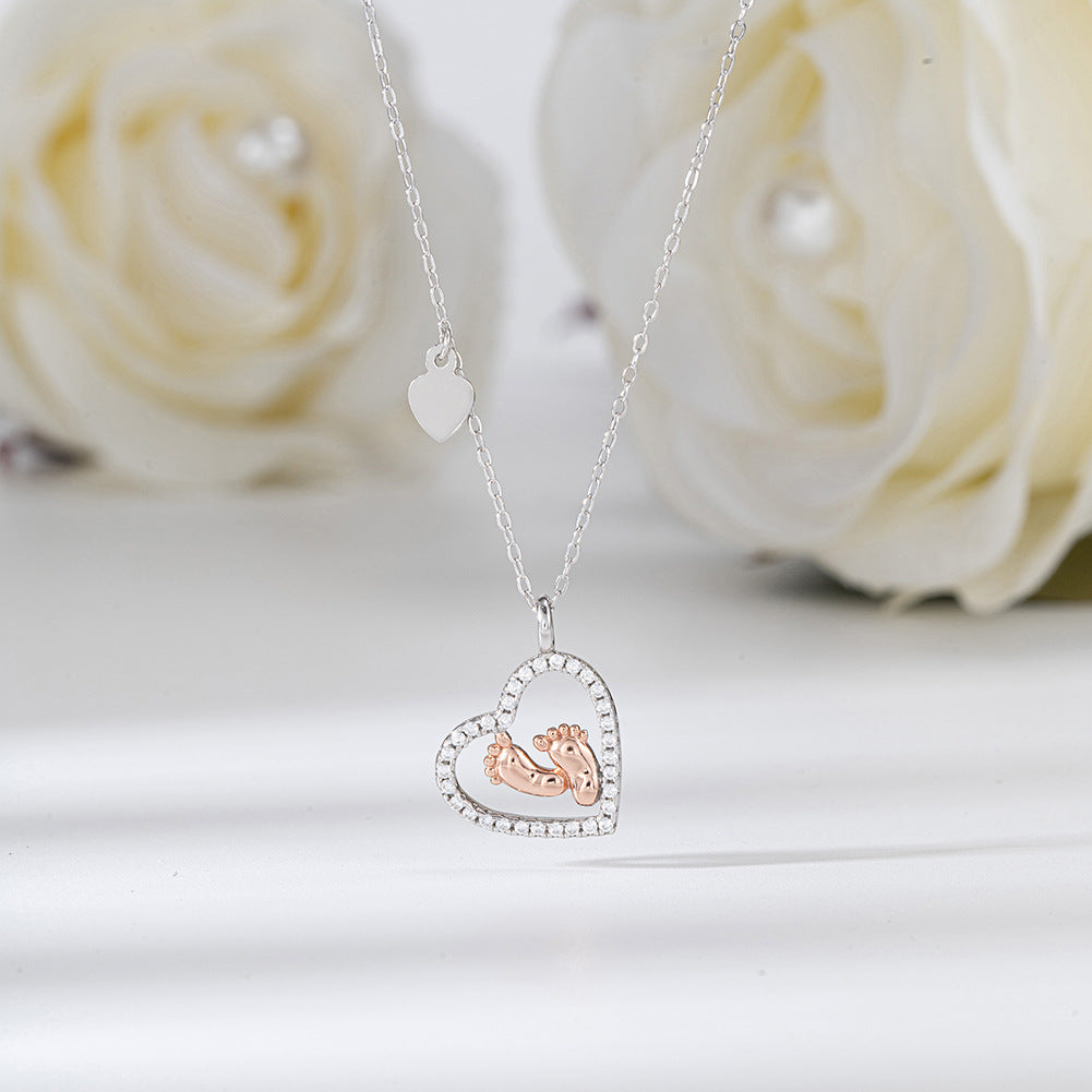 Two Tone Stainless Steel Open Heart Necklace with Baby Footprint Charm, Paved CZ Hollow Heart Pendant