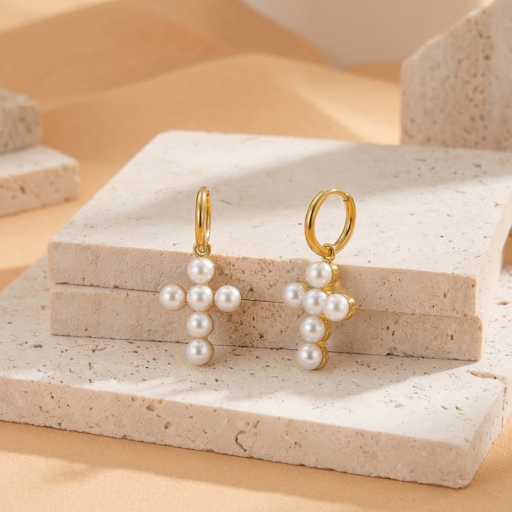 Gold Plated Stainless Steel Faux Pearl Cross Charm Huggie Hoop Earrings