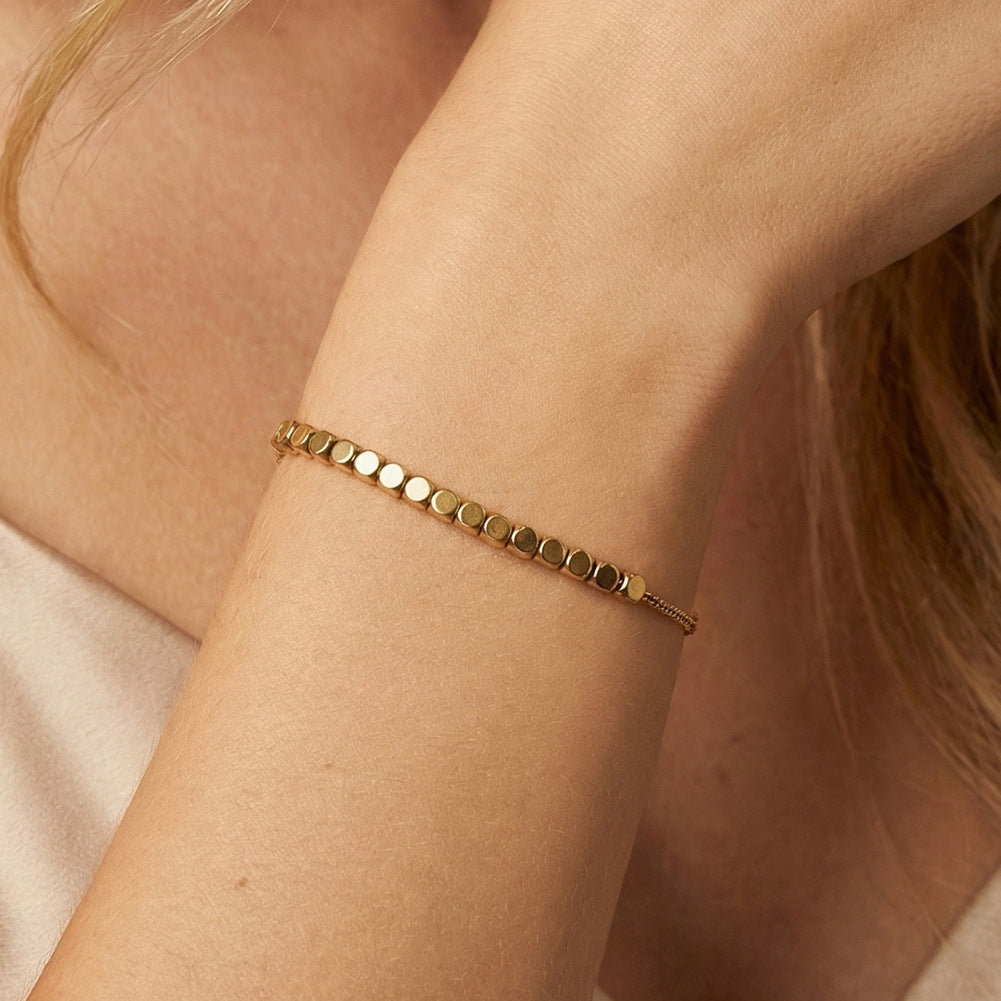Gold Plated Stainless Steel Adjustable Slider Box Chain Bracelet, Small Cube Beads, Pull Slide Clasp Design