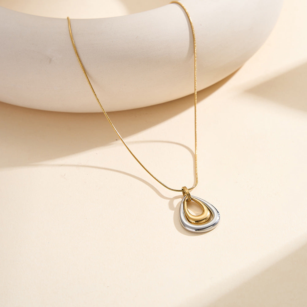 Two Tone Gold & Silver Stainless Steel Layered Teardrop Necklace, 3 Interlocking Hollow Teardrop Pendants Snake Chain