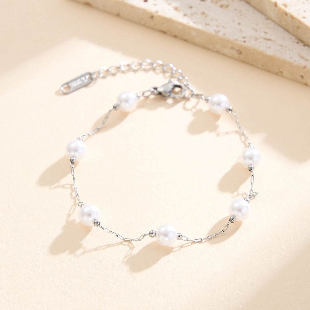 Gold Plated Stainless Steel Dainty Pearl Station Bracelet, Round White Imitation Pearls & Tiny Gold Spacer Beads, Adjustable