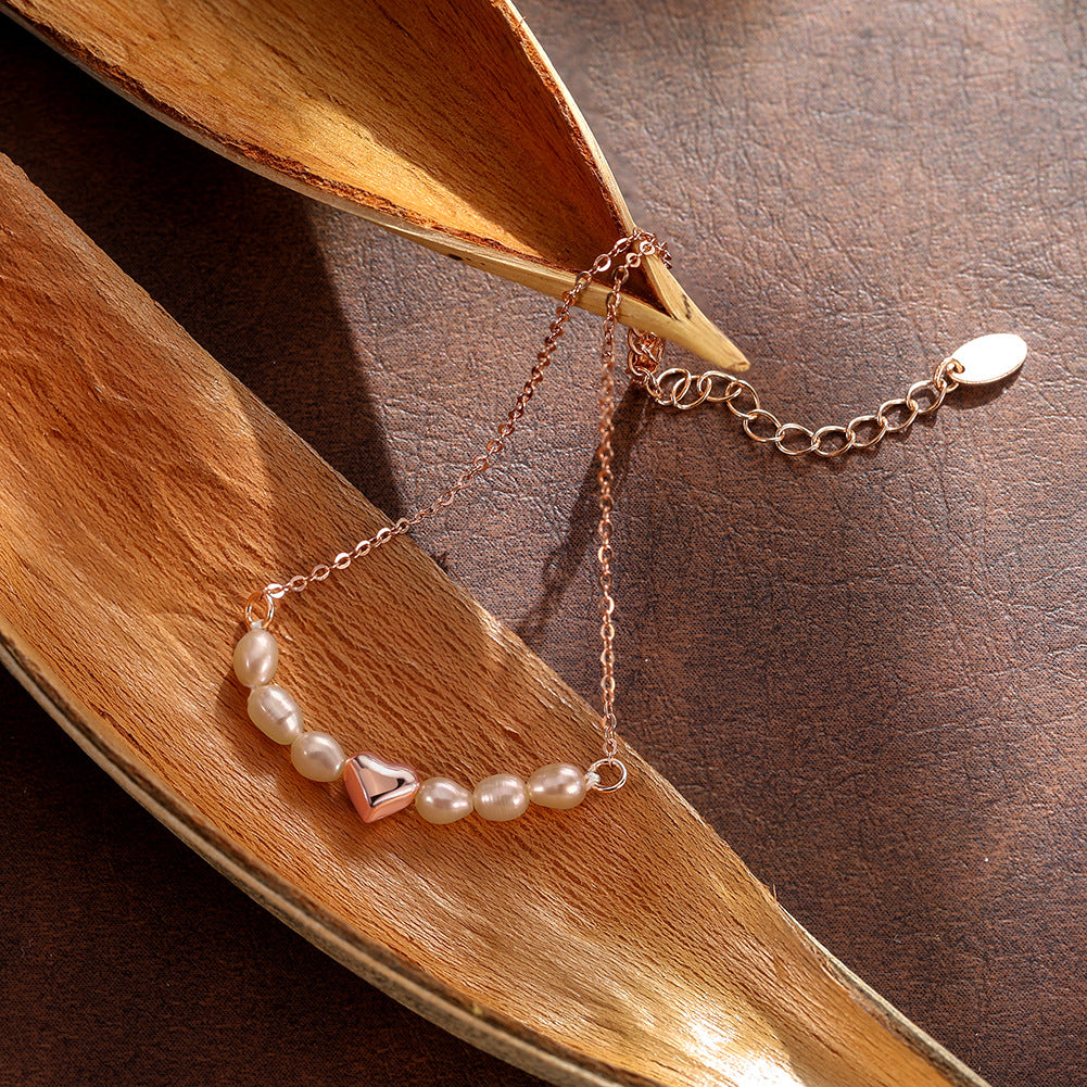 S925 Sterling Silver Dainty Chain Bracelet, Soft Peach Baroque Rice Freshwater Pearls with 3D Solid Heart Charm, Adjustable Extension Chain
