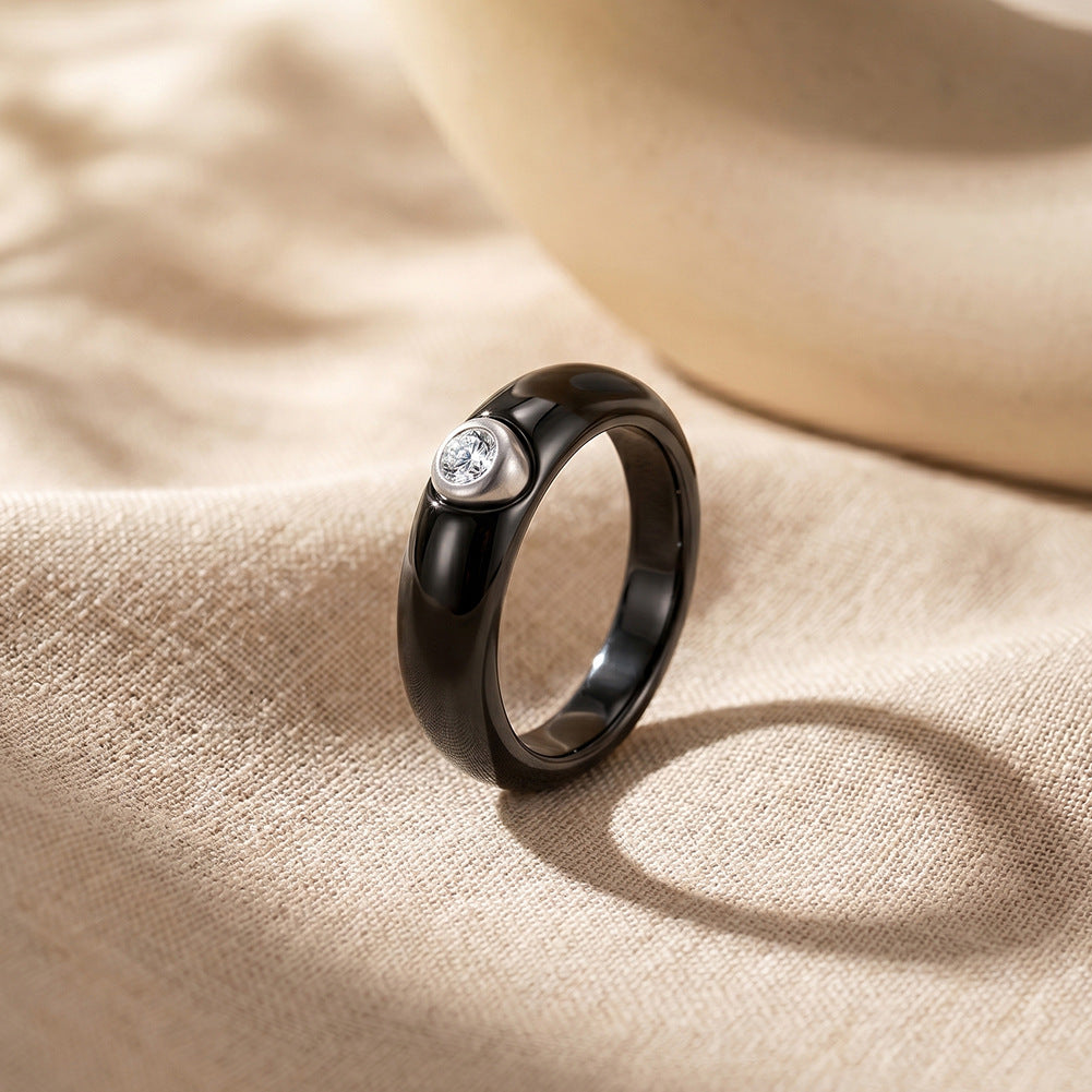 White Ceramic Ring with Gold Plated Stainless Steel Bezel Set Round CZ, Glossy Wide Band