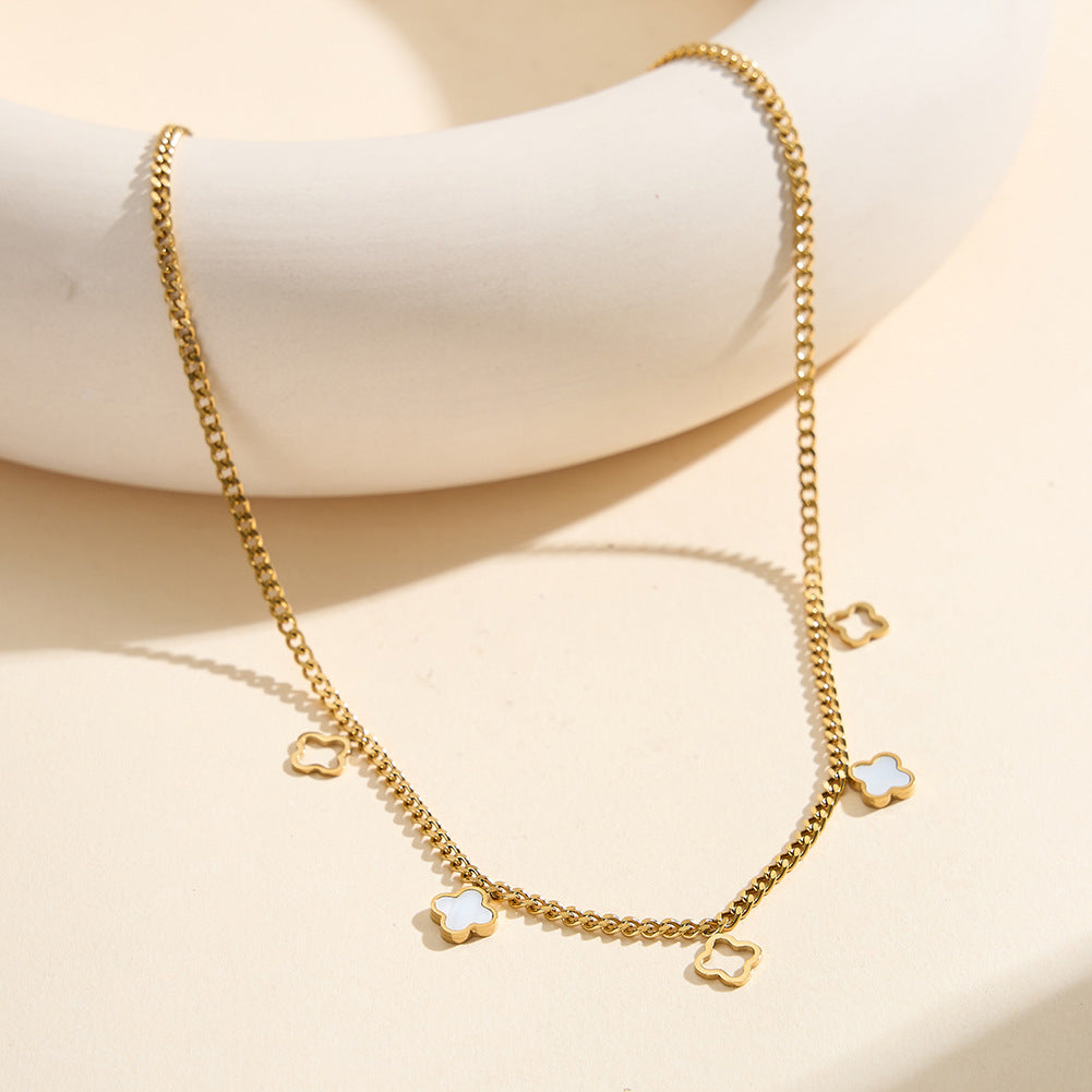 Gold Stainless Steel Clover Choker Necklace, Hollow & White Shell Inlaid Four Leaf Clover Charms, Cuban Link Chain