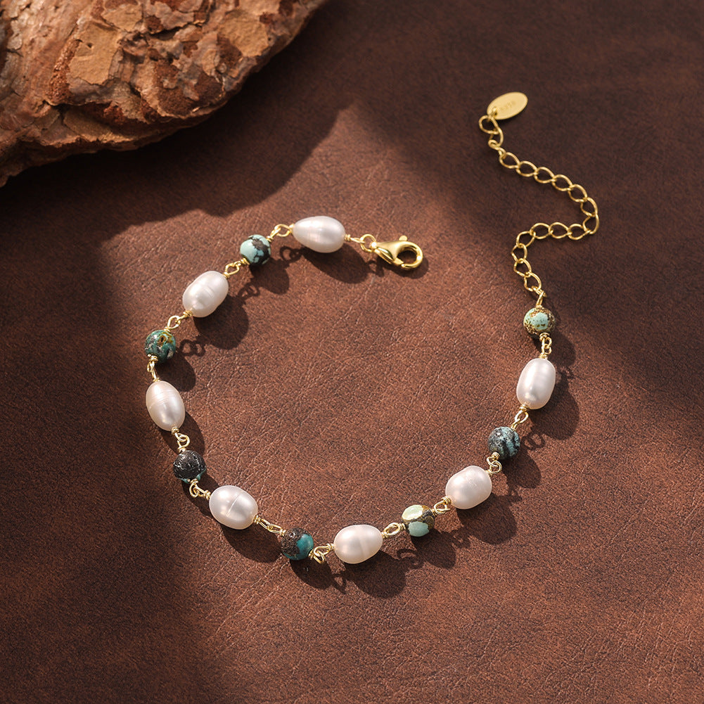 S925 Gold Plated Beaded Bracelet, Oval Lustrous Freshwater Pearls Mixed with African Turquoise Round Beads, Wire Wrapped Design, Adjustable Extension Chain