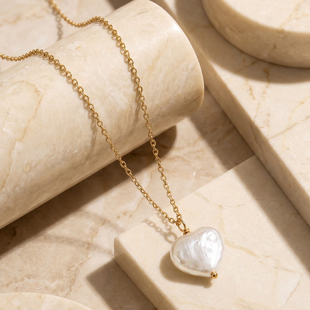 Single Large Iridescent Heart Baroque Freshwater Pearl Pendant Necklace, Lustrous Heart Pearl on Delicate S925 Silver Cable Chain