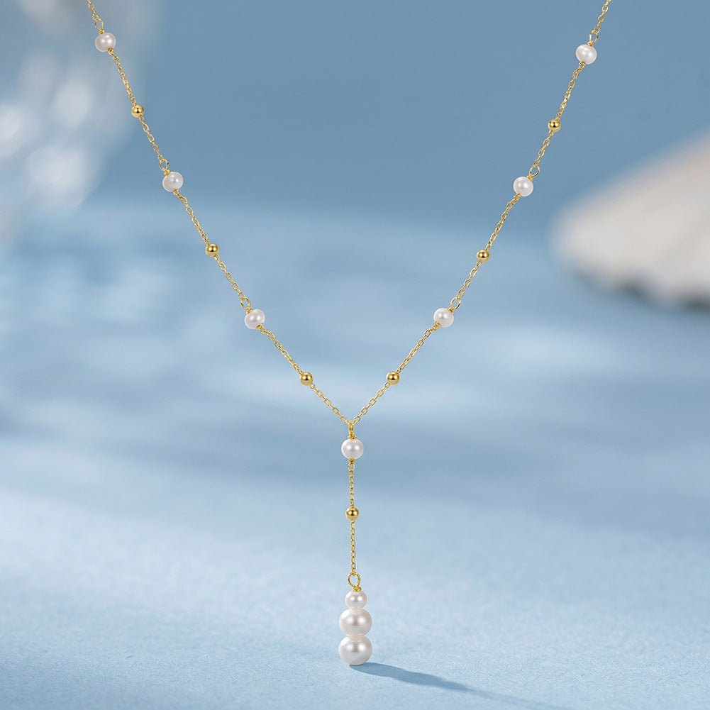 Y Drop Dainty Freshwater Pearl Lariat Necklace, Mini Lustrous White Pearls Station Chain with Stacked Pearl Drop Pendant S925 Silver