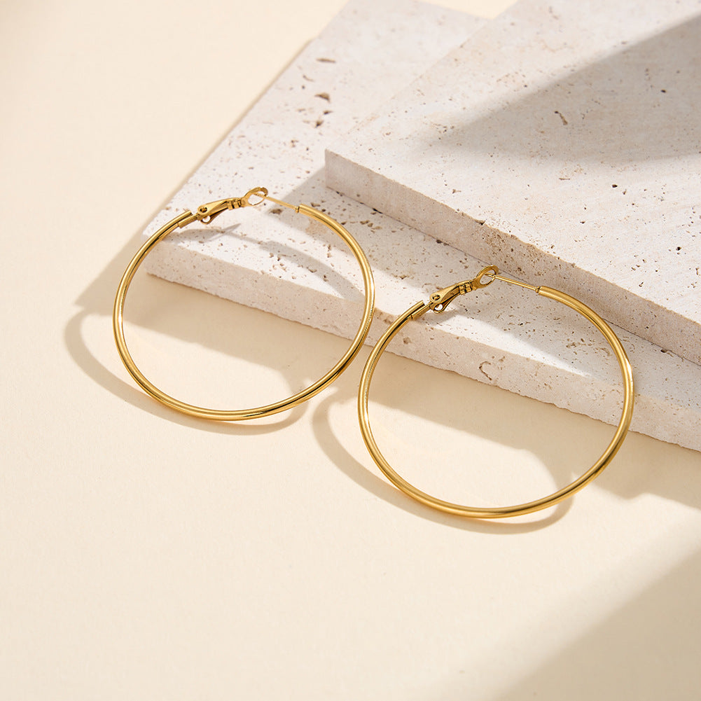 Silver Tone Stainless Steel Thin Wire Large Round Hoop Earrings