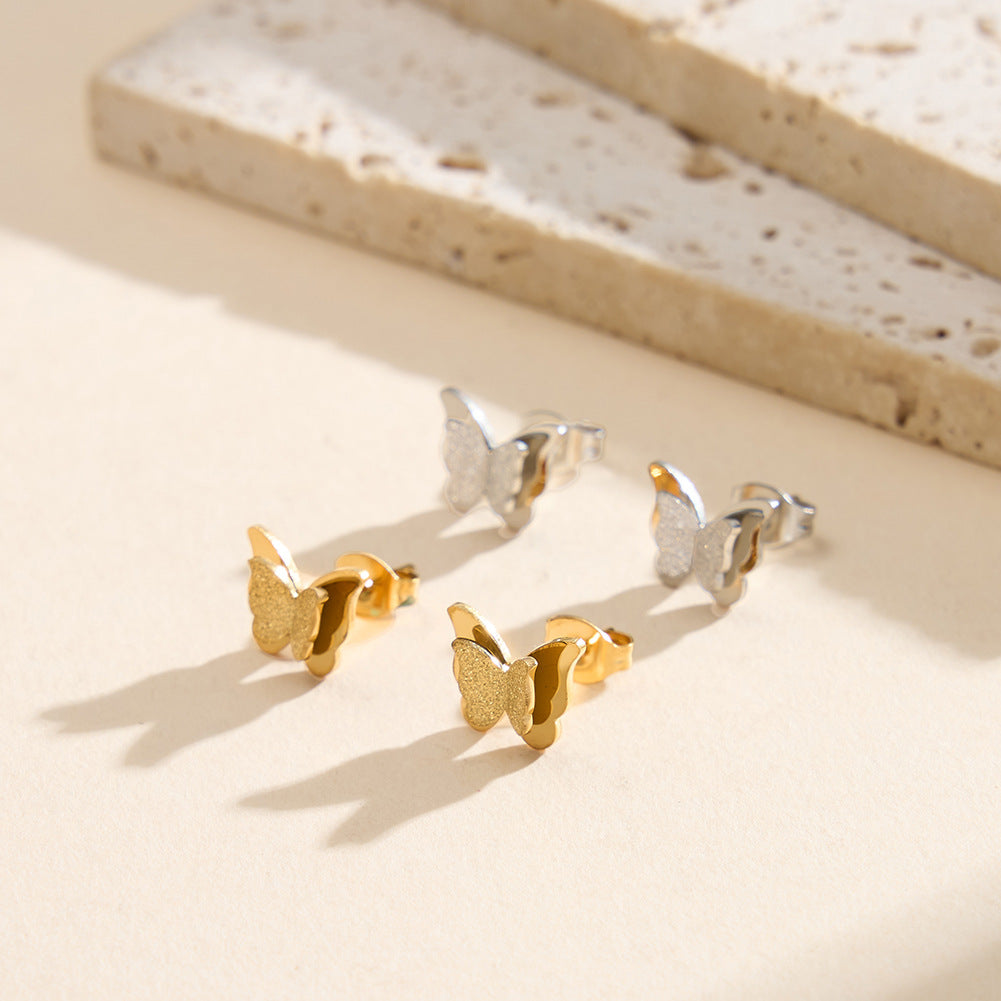 Gold Plated Stainless Steel Layered Butterfly Stud Earrings with Sandblast Glitter Wings