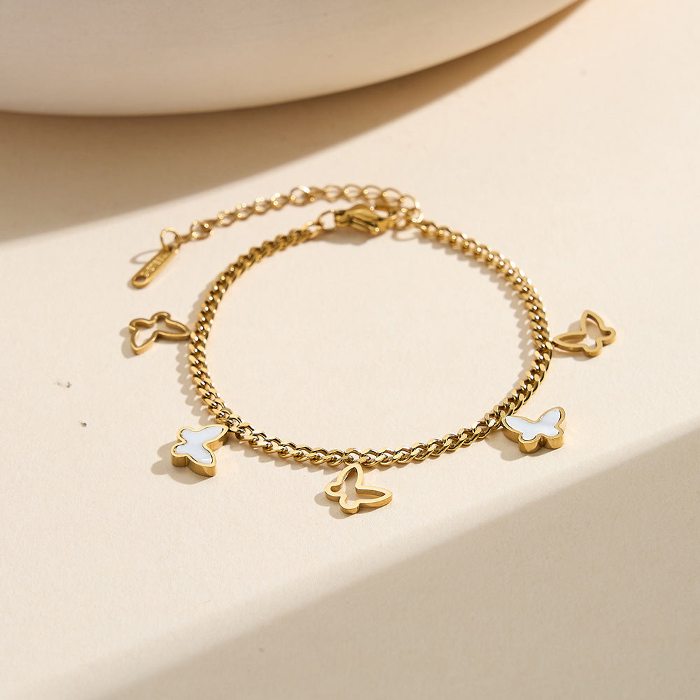 Gold Plated Stainless Steel Curb Chain Butterfly Bracelet, Hollow Outline Butterflies & Mother of Pearl Inlaid Butterfly Charms