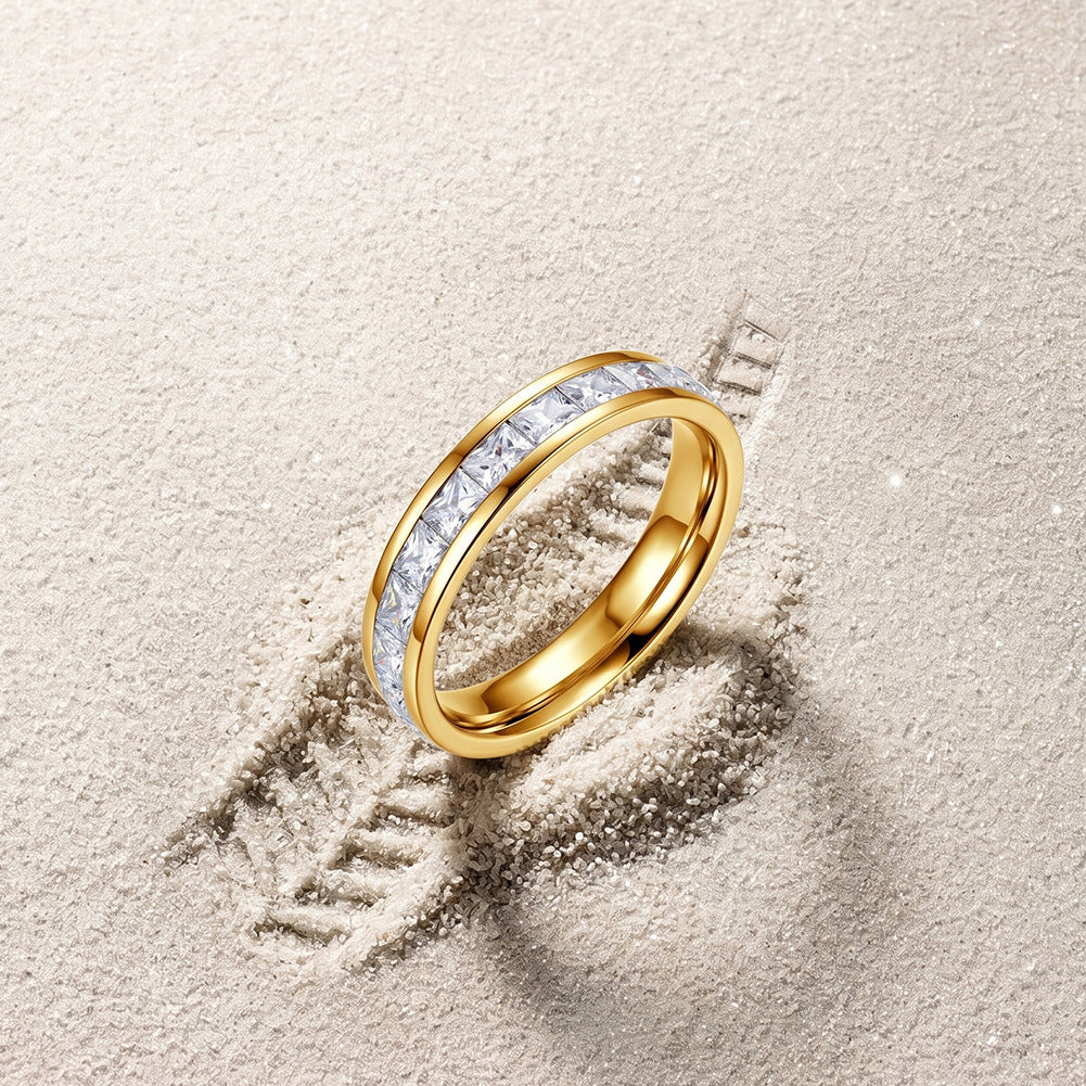 Gold Plated Stainless Steel Half Eternity Ring, Channel Set Princess Cut CZ Stones
