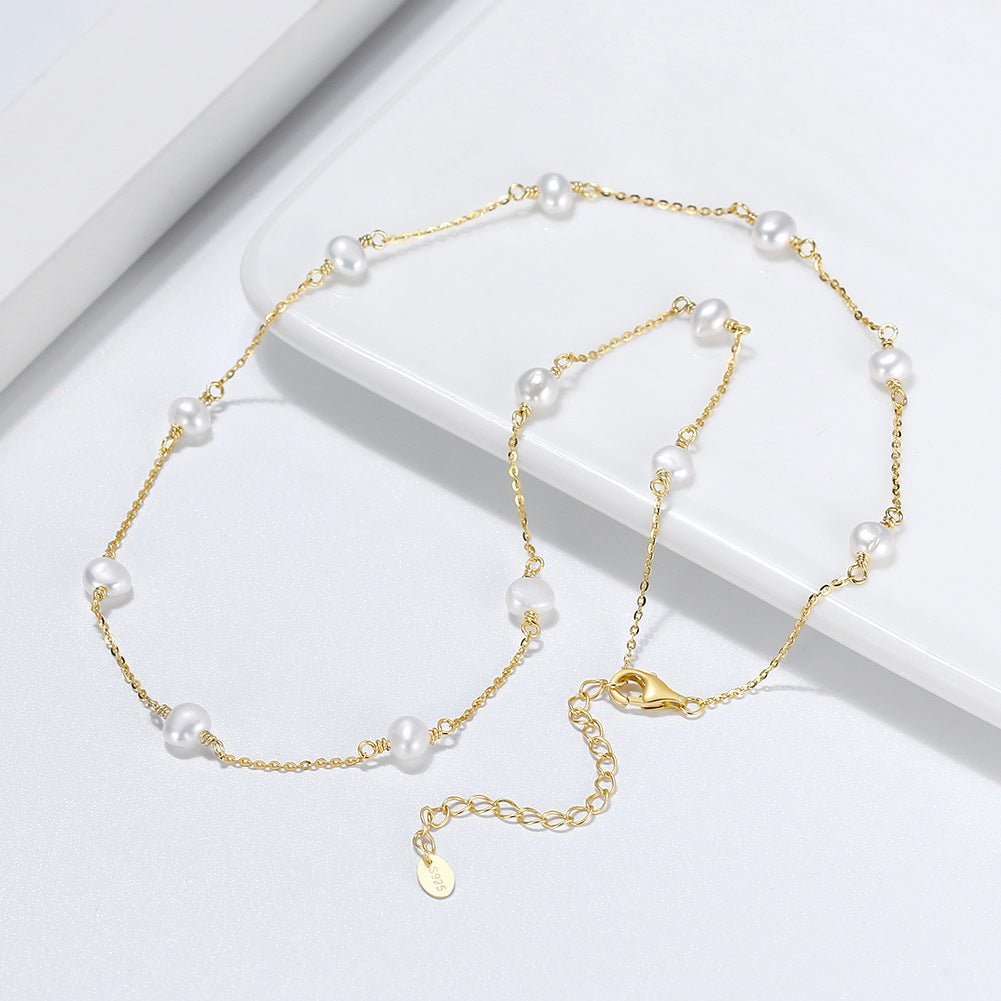 Silver Floating Station Pearl Necklace, Multi Lustrous Potato Freshwater Pearls Evenly Spaced Thin Cable Chain