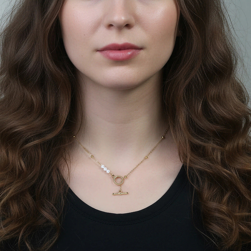 Gold Stainless Steel Beaded Rolo Chain Necklace with White Pearl Accents, Textured Toggle OT Clasp Pendant