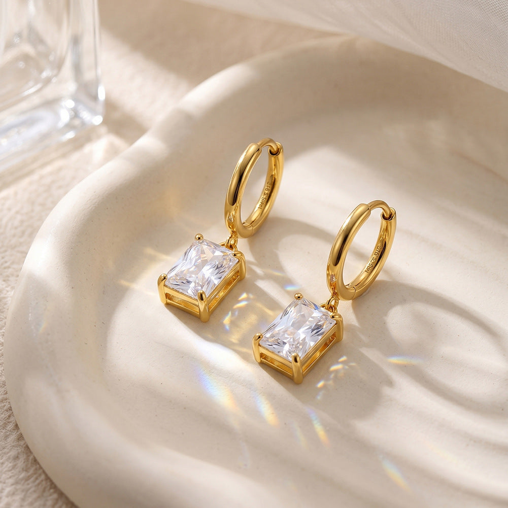 Gold Plated 316 Stainless Steel Huggie Hoop Earrings with Rectangular Emerald Cut Clear Cubic Zirconia Dangle Charm