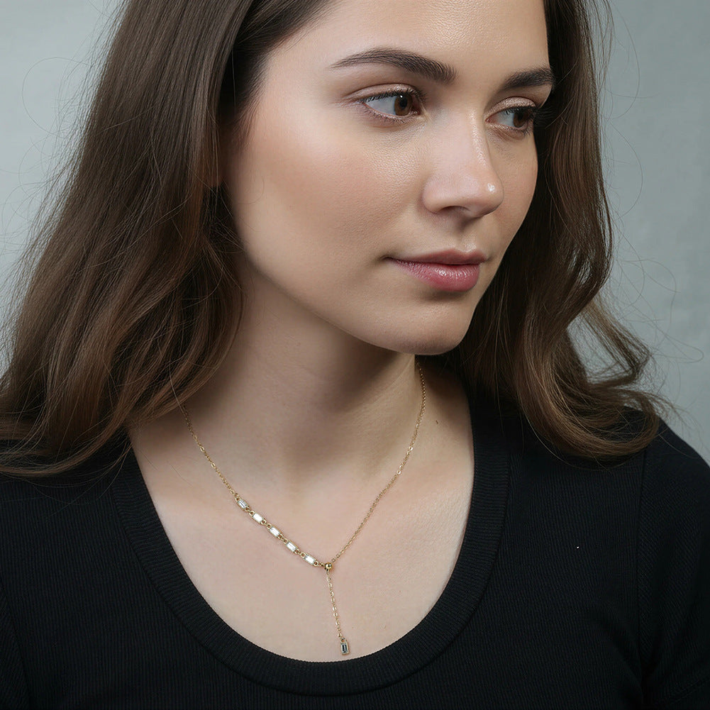 Gold Stainless Steel Baguette CZ Lariat Y Necklace, Vertical Rectangle Baguette Cut Zircon Station Adjustable Drop Chain