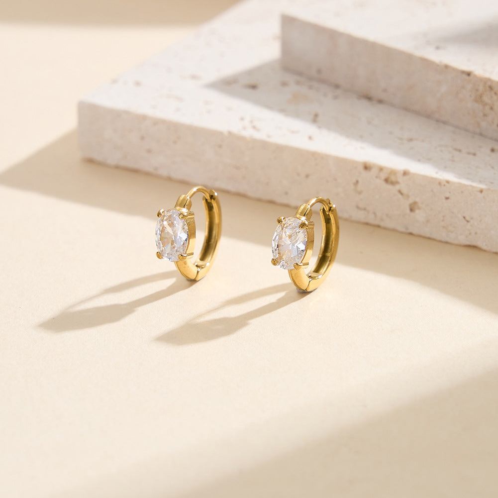 Gold Plated Stainless Steel Oval Cut Cubic Zirconia Huggie Hoop Earrings