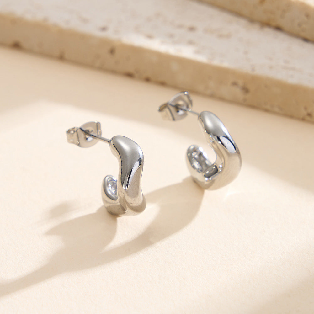 Gold Plated Stainless Steel Smooth Curved Bean Shape C Stud Earrings