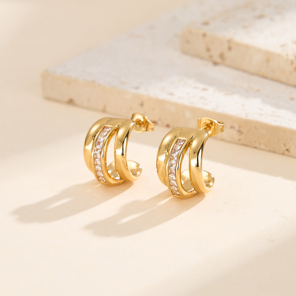 Gold Plated Stainless Steel Triple Band C Hoop Earrings With Inlaid CZ Strip