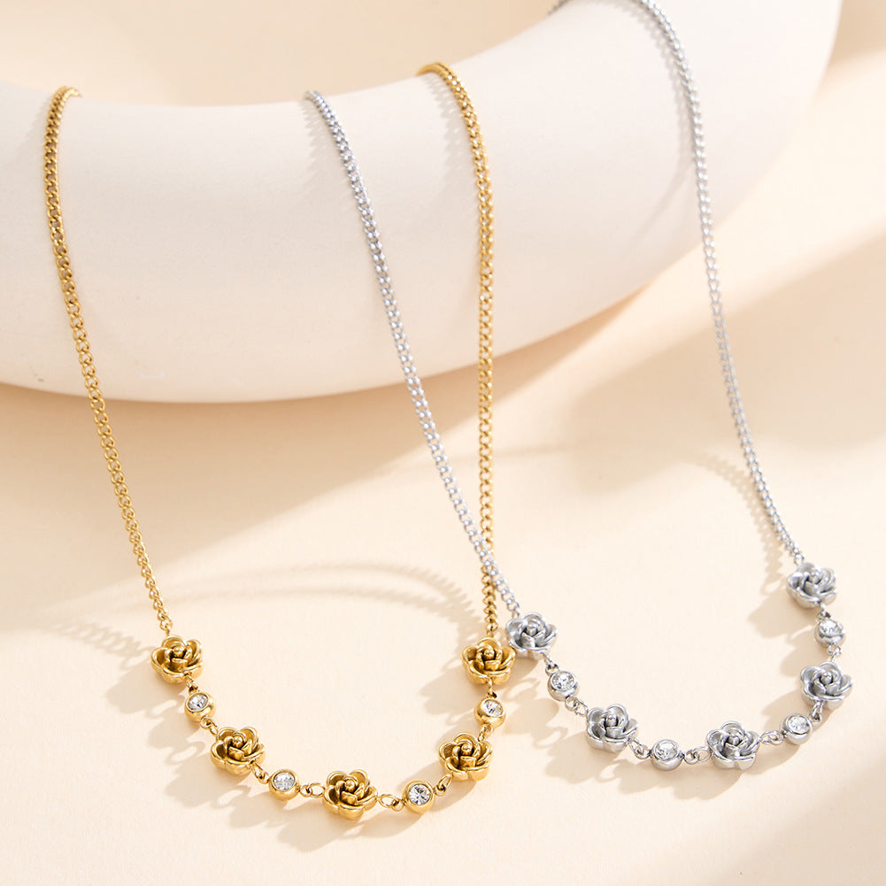 Silver Stainless Steel Rose Flower Station Necklace, 3D Sculpted Rose Charms with Bezel Set Round CZ Stones, Rolo Chain