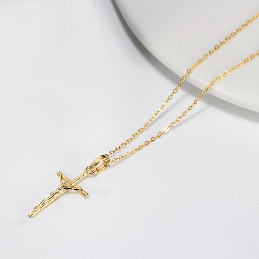 Gold Stainless Steel Textured Crucifix Pendant Necklace, 3D Jesus on Cross Cable Chain