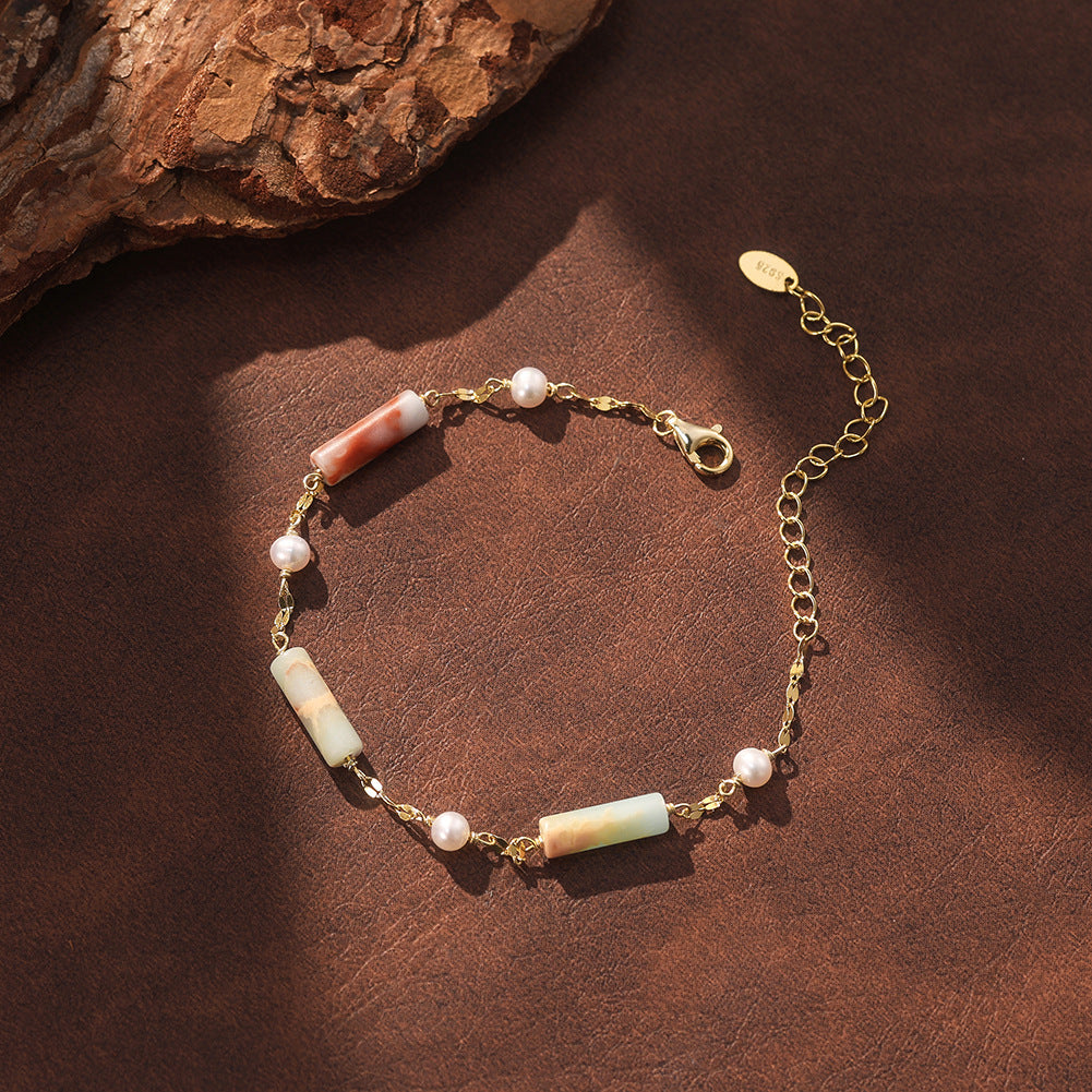 S925 Gold Plated Chain Bracelet, Lustrous Round Freshwater Pearls paired with Natural Striped Cylinder Gemstone Beads, Dainty Flat Chain, Adjustable Extension Chain