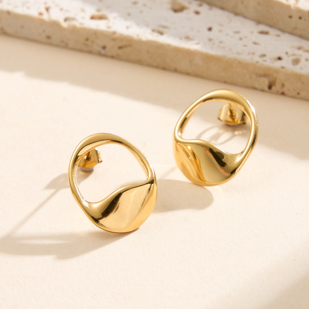 Gold Plated Stainless Steel Irregular Oval Hollow Frame Stud Earrings