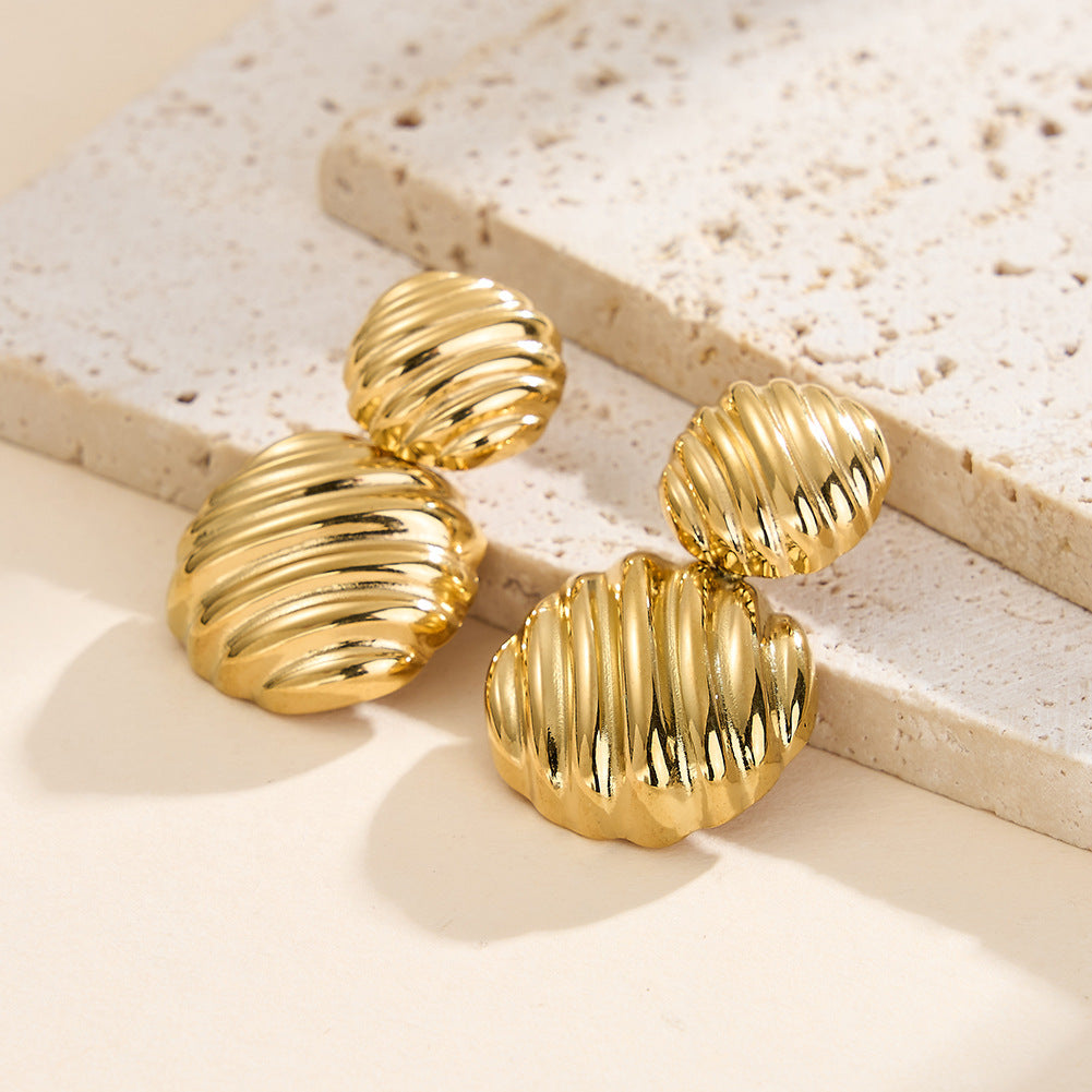 Gold Plated Stainless Steel Double Twisted Ribbed Sphere Drop Stud Earrings