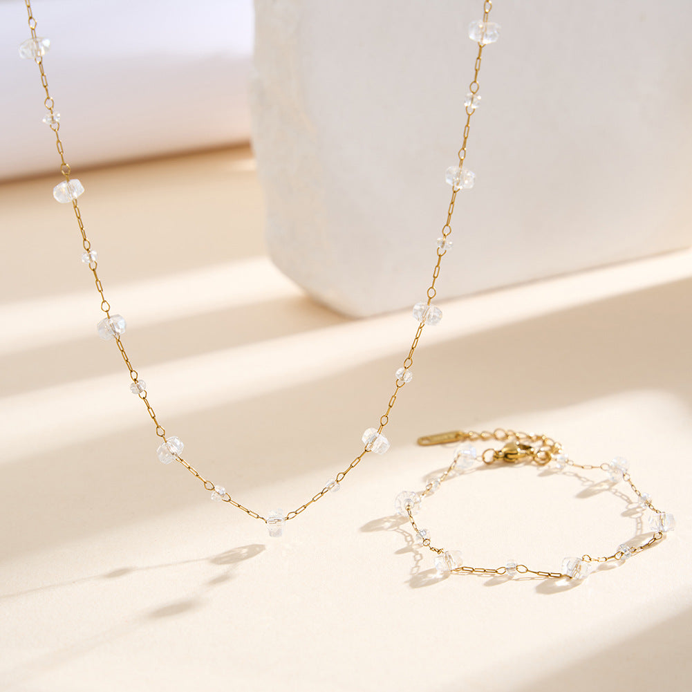 Gold Plated Stainless Steel Dainty Bracelet, Clear Faceted Crystal Beads Thin Paperclip Chain, Adjustable Extension
