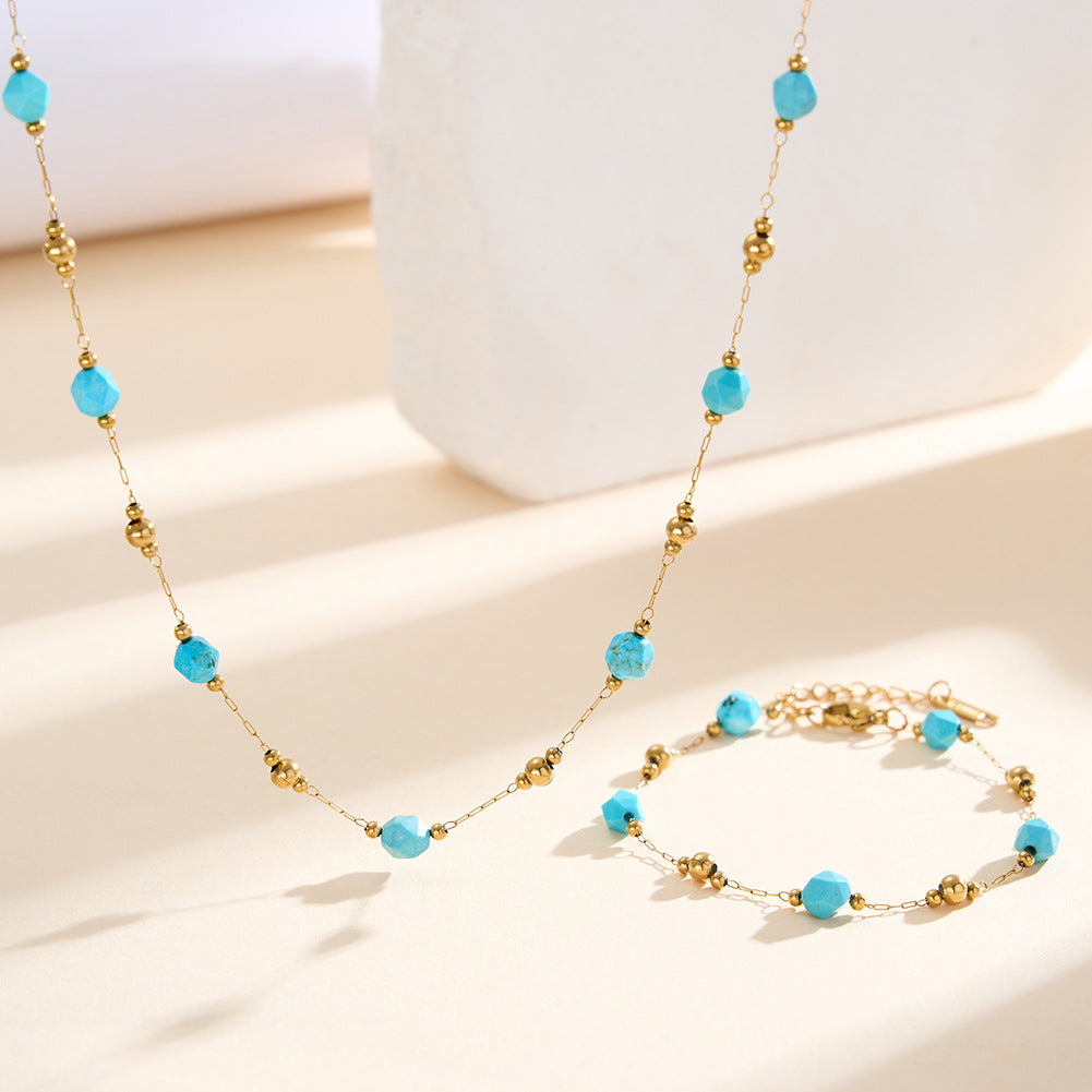 Gold Plated Stainless Steel Bracelet, Turquoise Faceted Beads & Gold Ball Bead Station Chain, Adjustable Extension