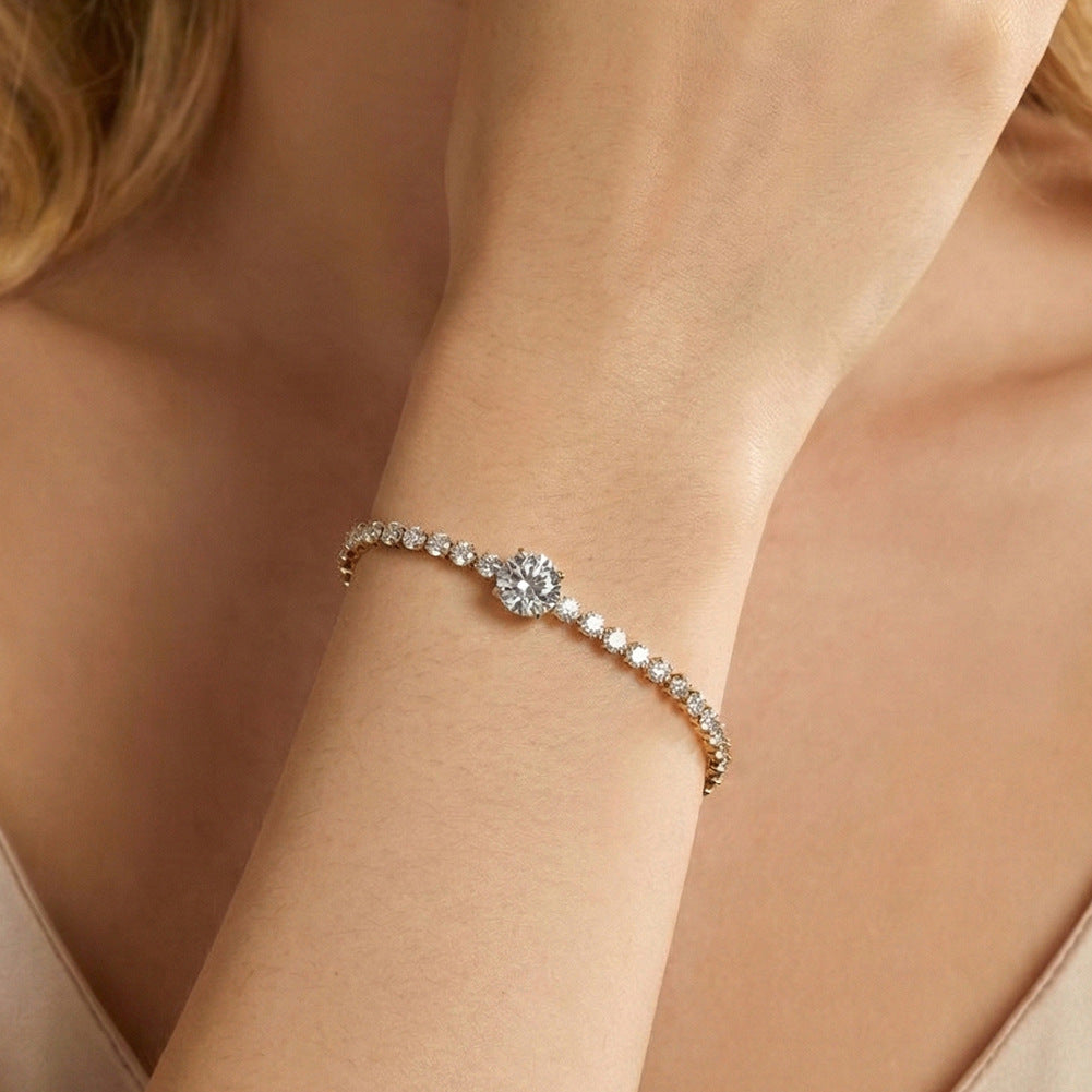 Gold Plated Stainless Steel Round CZ Tennis Bracelet, Brilliant Cut Round Cubic Zirconia Center Stone, Adjustable Extension