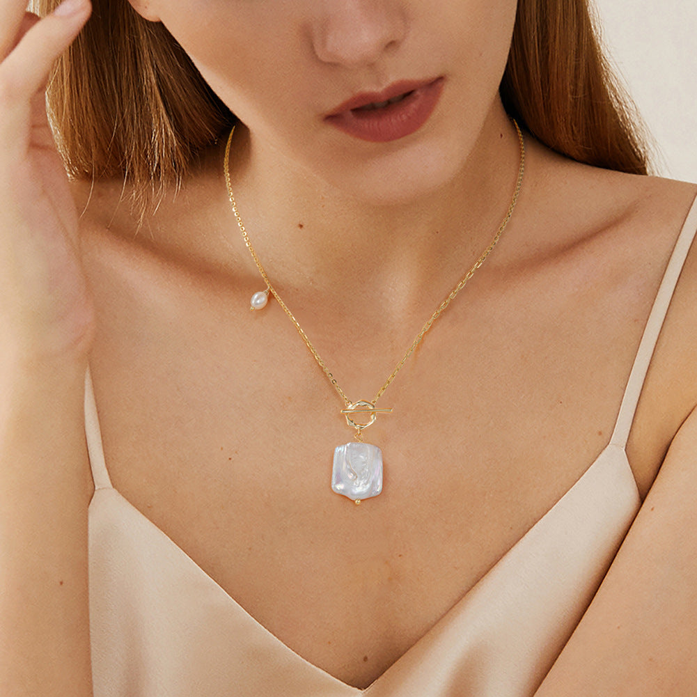 Gold Stainless Steel Baroque Square Pearl Pendant Necklace, OT Toggle Clasp Mixed Link Chain Necklace
