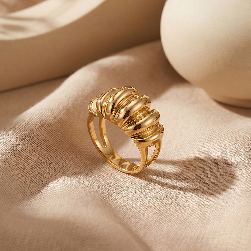 Gold Plated Stainless Steel Statement Ring, Chunky Ribbed Shell Texture Open Band