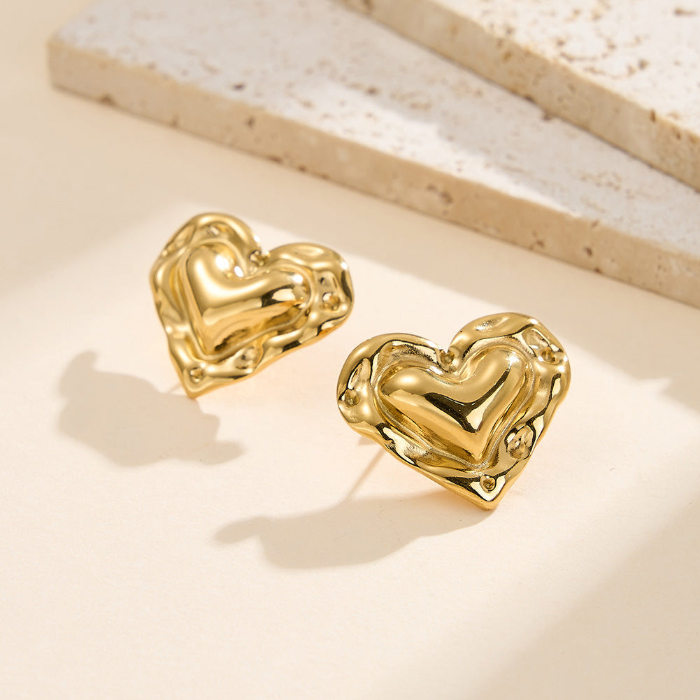 Silver Stainless Steel Irregular Molten Double Heart Stud Earrings