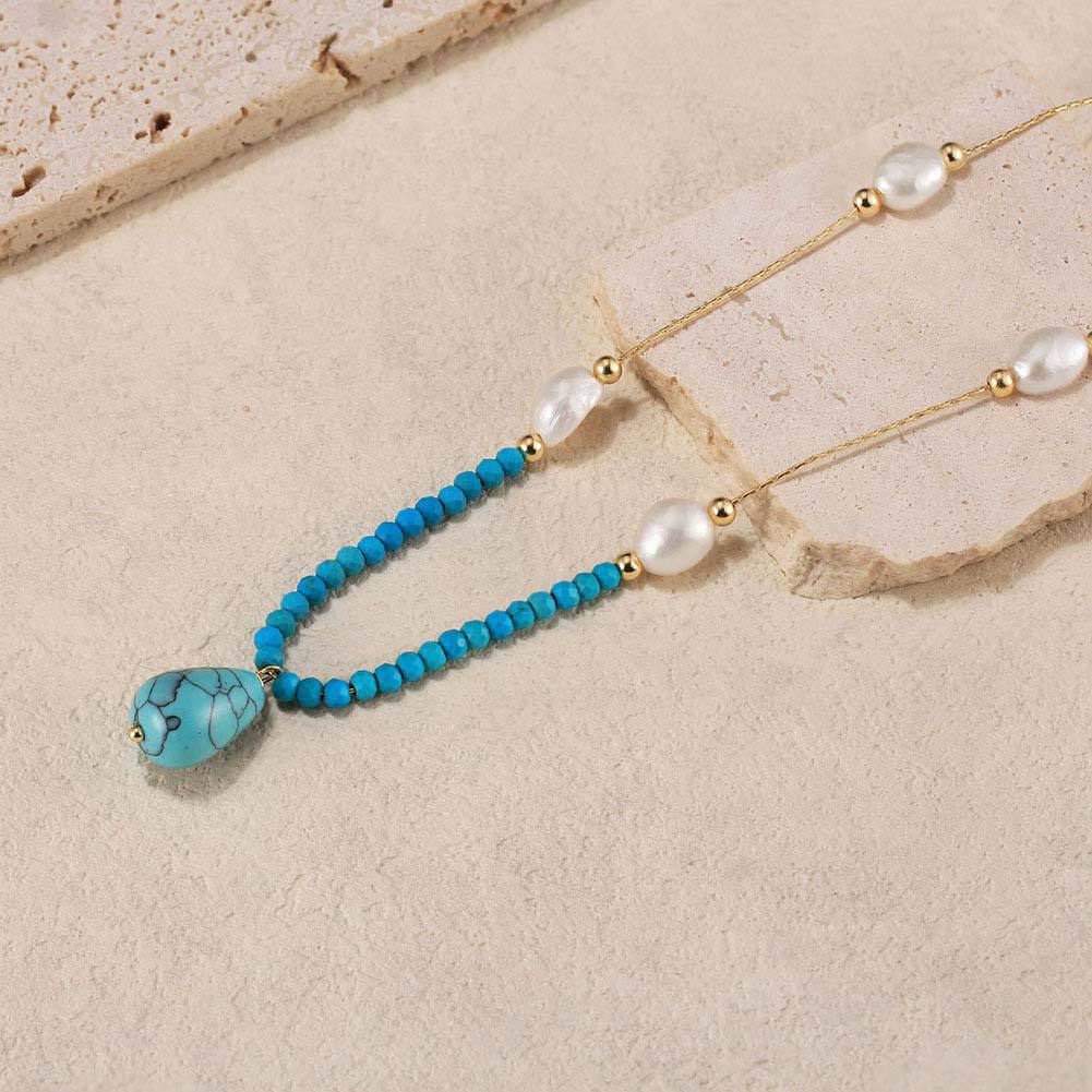 Gold Stainless Steel Turquoise & Pearl Station Necklace, Baroque Imitation Pearl Beaded Chain with Teardrop Turquoise Drop Pendant